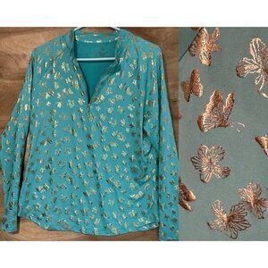 Emerald 18 Golf 1/4 Zip Women Large Long Sleeved Metallic Butterfly Blue Stretch